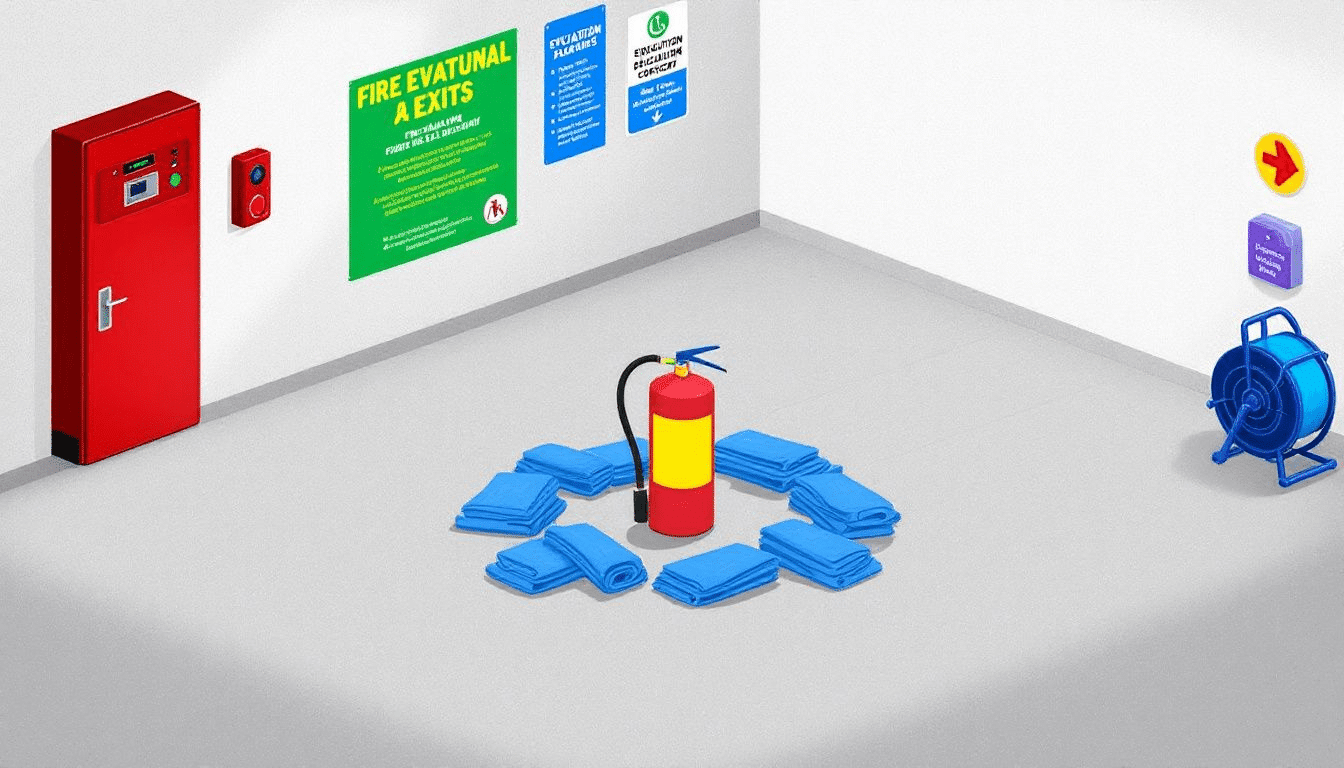 Fire safety equipment including blankets and extinguishers in a communal area.