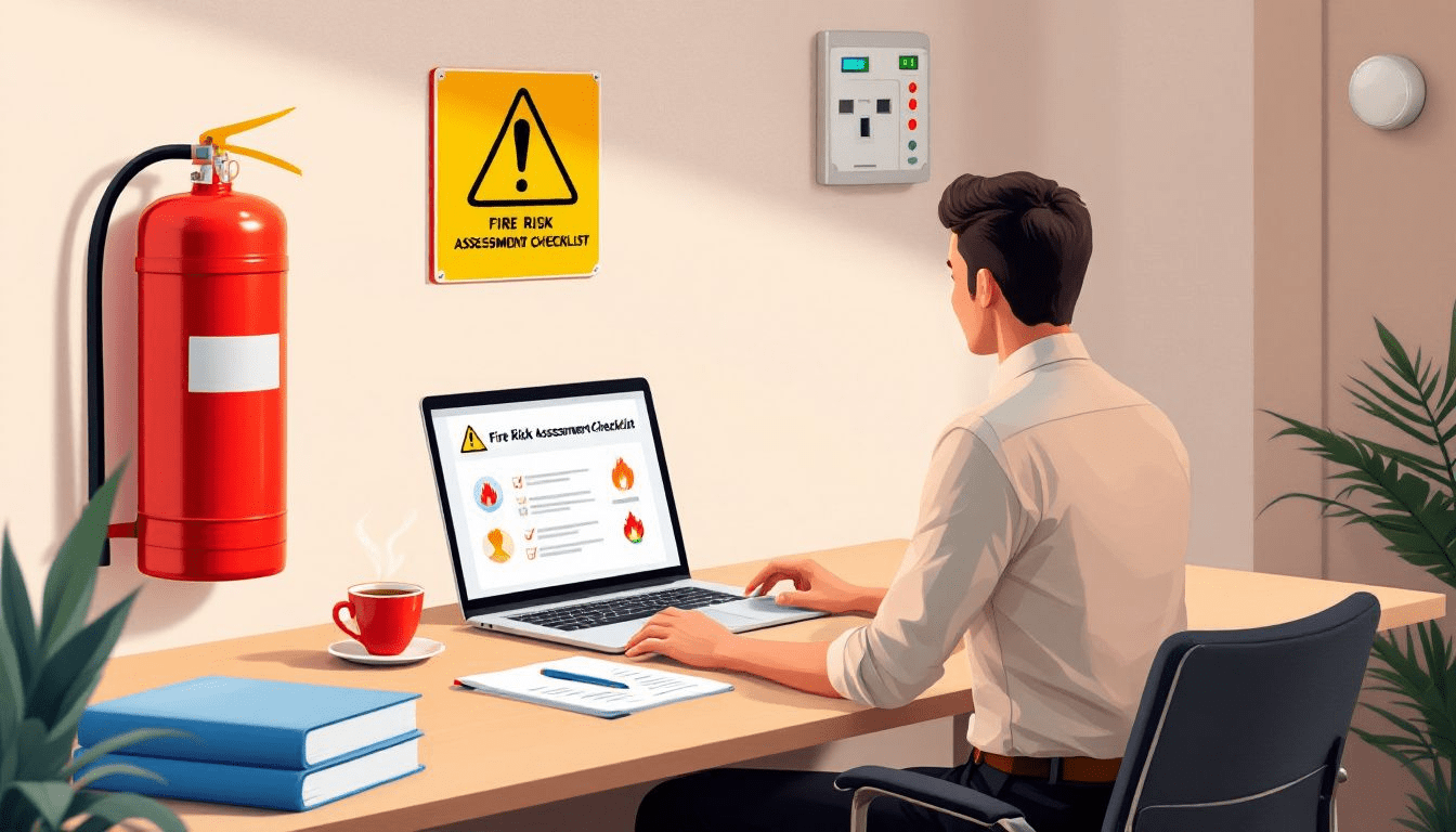A fire risk assessment checklist being reviewed by a responsible person.