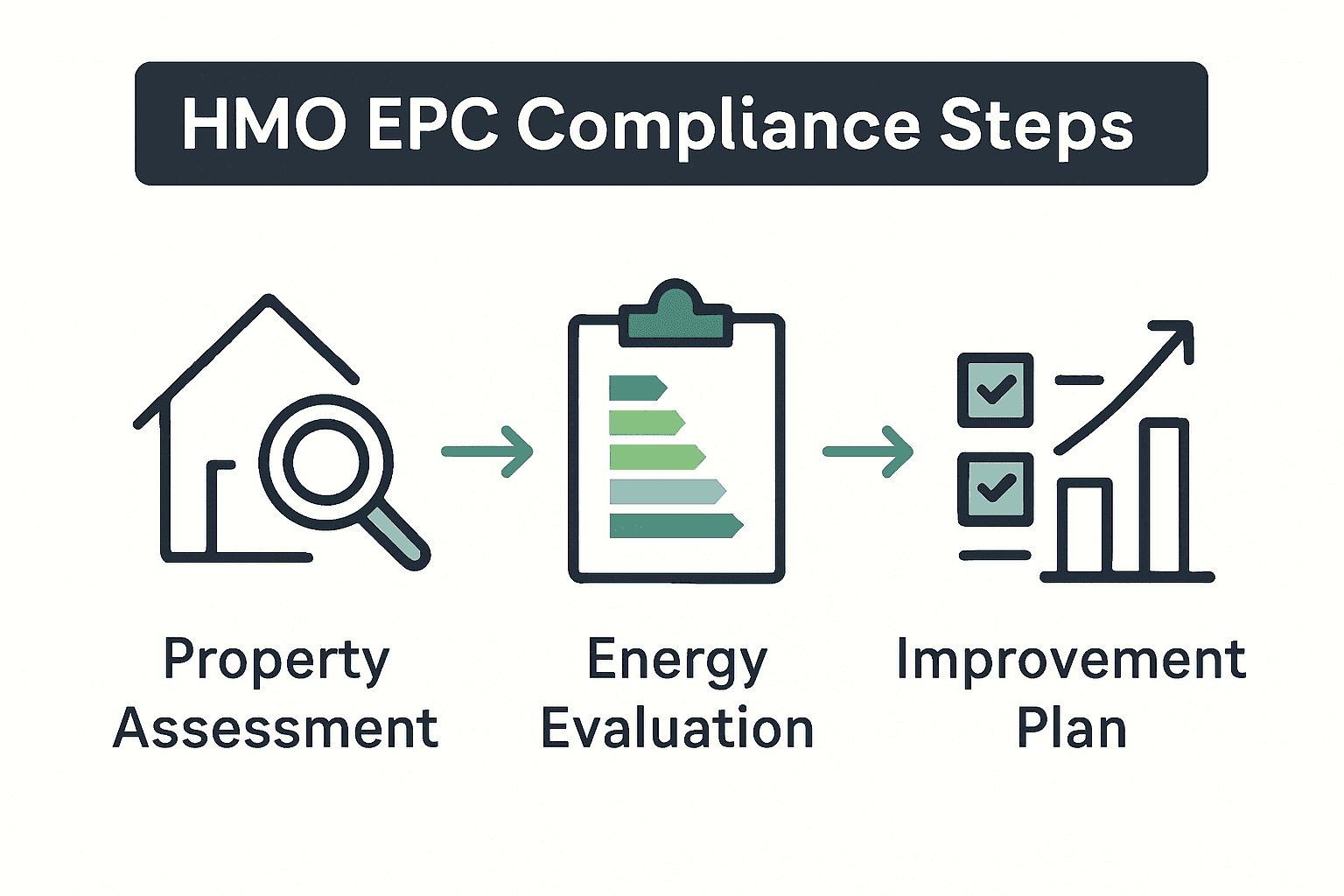 Infographic showing three steps in HMO EPC compliance: assessment, evaluation, improvement.